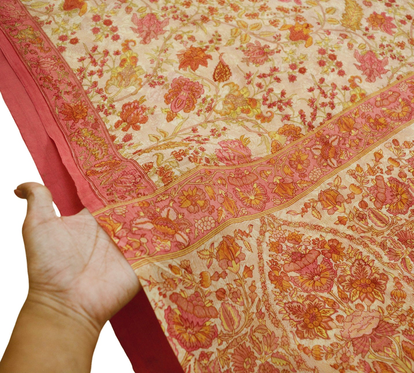 Women Vintage Sari Pink & Beige Pure Chiffon Silk Printed Saree Craft Fabric Sewing 5Yard Soft Light Sari Dress Making