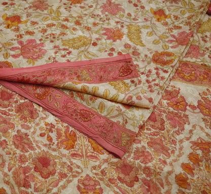 Women Vintage Sari Pink & Beige Pure Chiffon Silk Printed Saree Craft Fabric Sewing 5Yard Soft Light Sari Dress Making