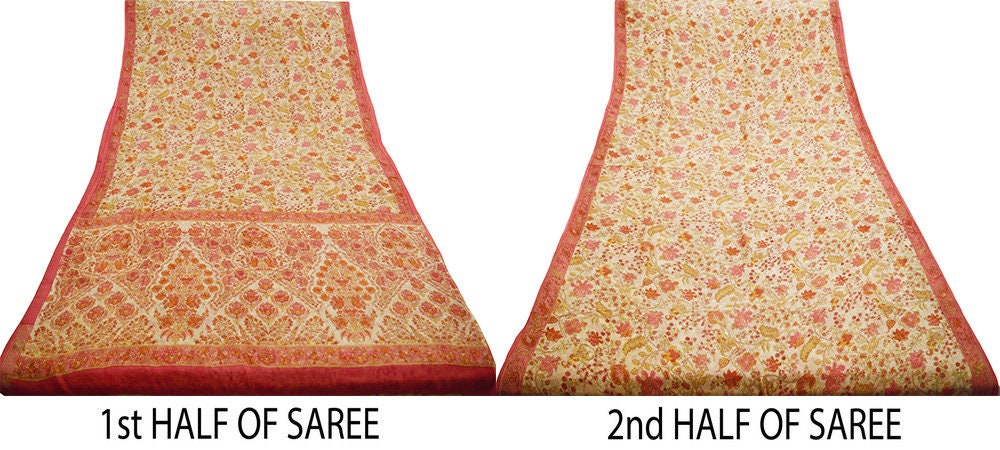 Women Vintage Sari Pink & Beige Pure Chiffon Silk Printed Saree Craft Fabric Sewing 5Yard Soft Light Sari Dress Making