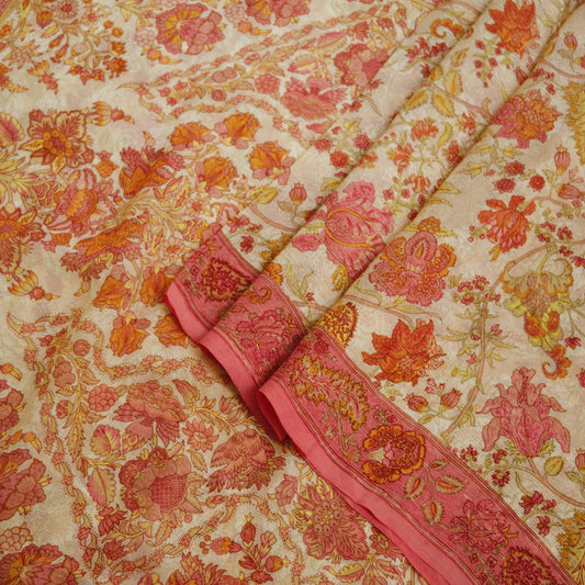 Women Vintage Sari Pink & Beige Pure Chiffon Silk Printed Saree Craft Fabric Sewing 5Yard Soft Light Sari Dress Making