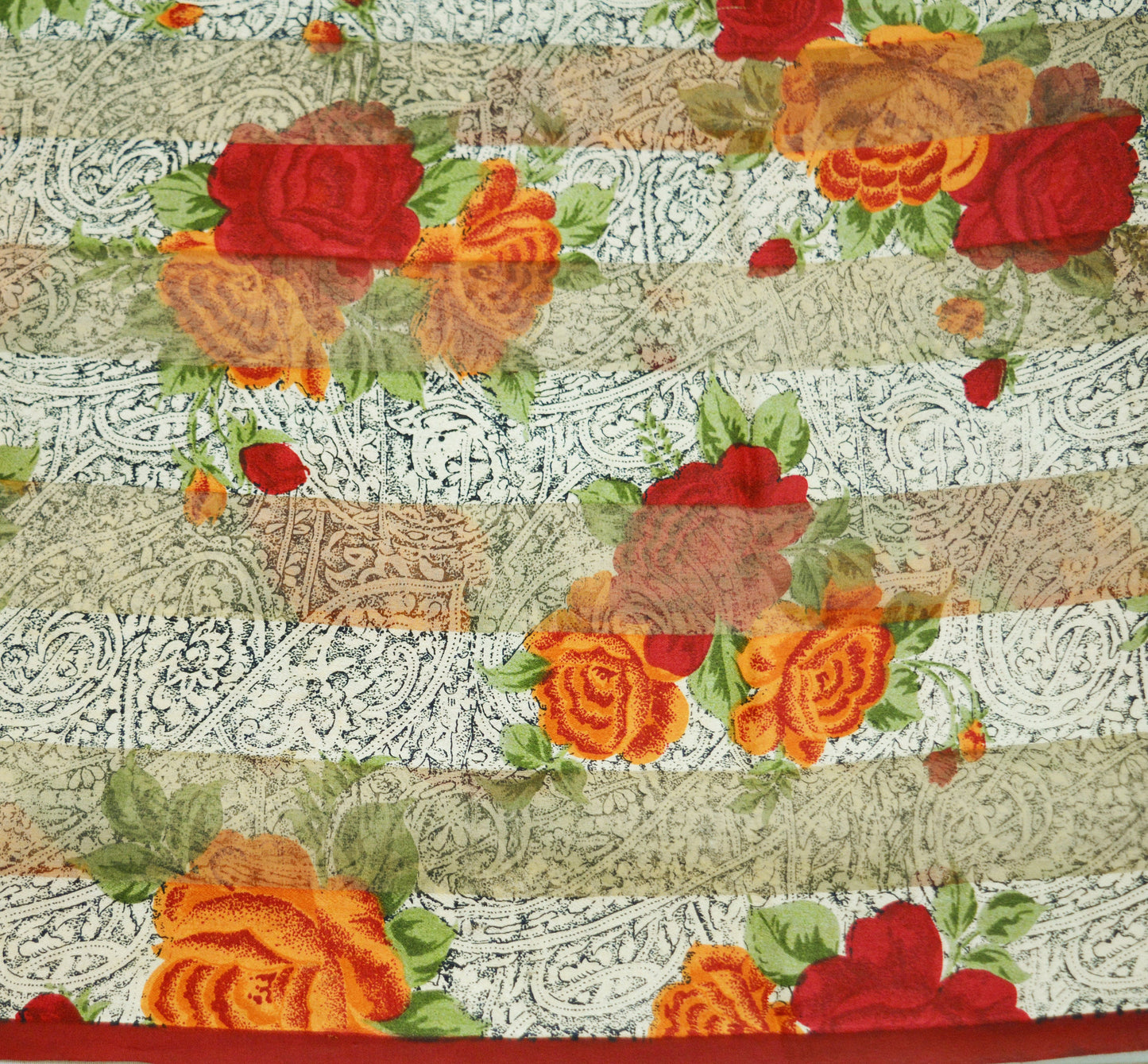 Women Vintage Sari Beige & red Pure Chiffon Silk Block Printed Saree Craft Fabric Sewing 5Yard Soft Light Sari Dress Making