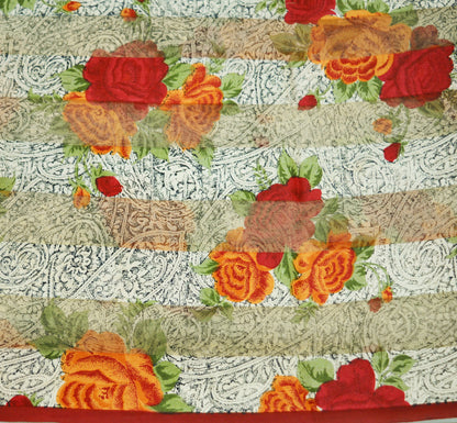 Women Vintage Sari Beige & red Pure Chiffon Silk Block Printed Saree Craft Fabric Sewing 5Yard Soft Light Sari Dress Making