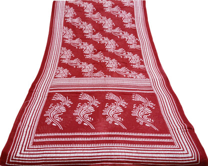 Indian Vintage Sari Red & White Printed 100% Pure Cotton Saree Craft Fabric 5Yard Sewing Sarong Wrap Boho Floral