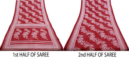 Indian Vintage Sari Red & White Printed 100% Pure Cotton Saree Craft Fabric 5Yard Sewing Sarong Wrap Boho Floral