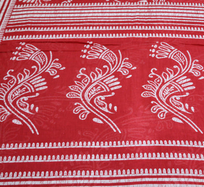 Indian Vintage Sari Red & White Printed 100% Pure Cotton Saree Craft Fabric 5Yard Sewing Sarong Wrap Boho Floral