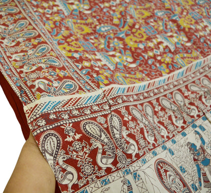 Indian Vintage Sari Kalamkari Printed Pure Cotton Saree Fabric Soft Floral 5Yd Sarong Wrap Fabric Peacock