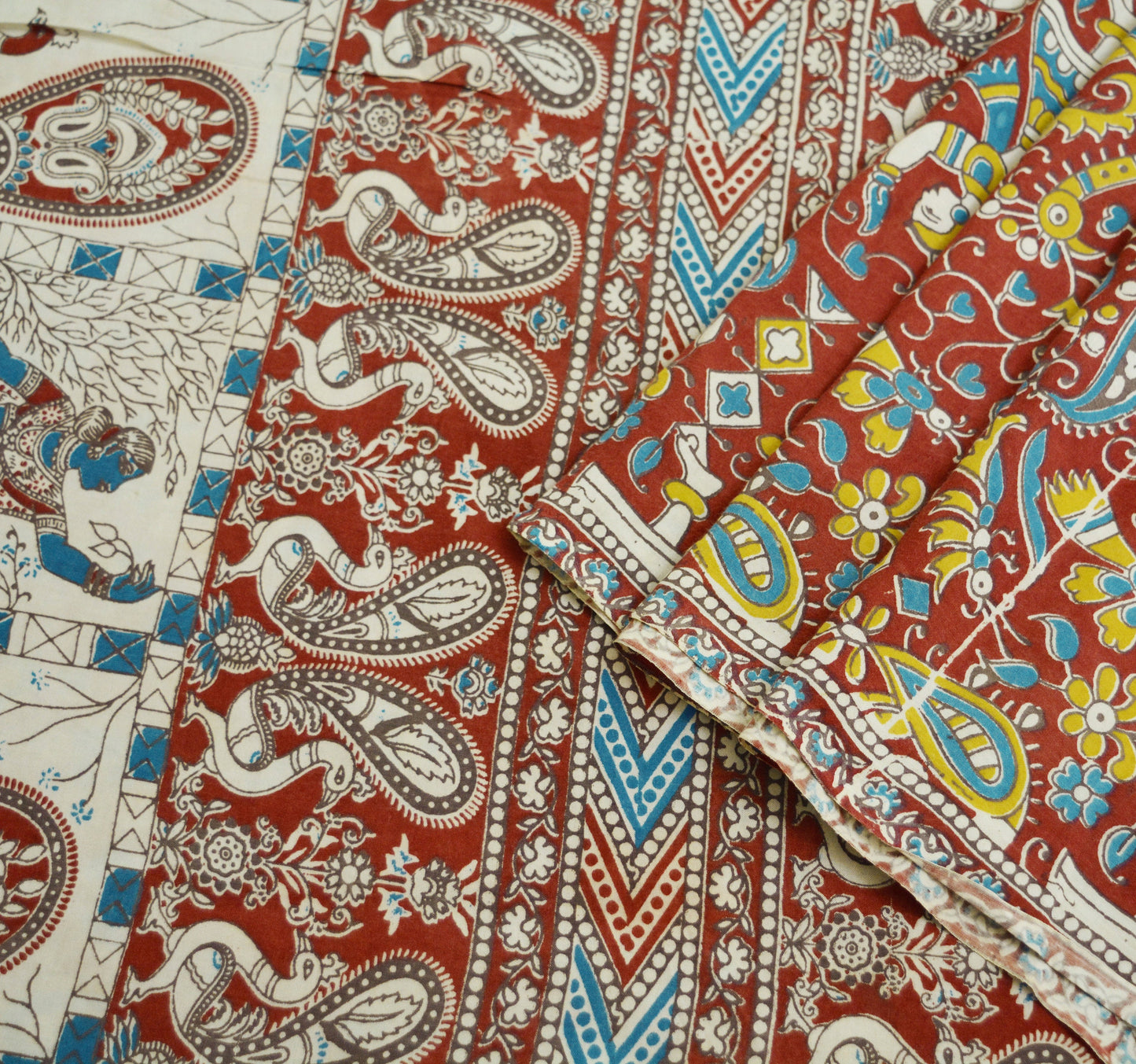 Indian Vintage Sari Kalamkari Printed Pure Cotton Saree Fabric Soft Floral 5Yd Sarong Wrap Fabric Peacock