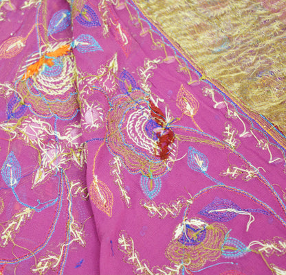 Indian Vintage Heavy Purple Dupatta Pure Georgette Silk Long Stole Hand Embroidered Gota Patti Scarf Zari