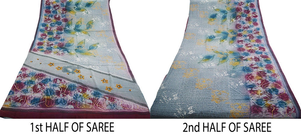 Indian Vintage Sari Gray Pure Crepe Silk Printed Saree 5yard Sewing Floral Soft Craft Fabric Wrap