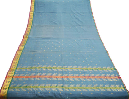 Vintage greyish Sari Blue Pure Cotton Hand Woven Saree Golden Zari 5Yard Soft Floral Golden Zari