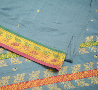 Vintage greyish Sari Blue Pure Cotton Hand Woven Saree Golden Zari 5Yard Soft Floral Golden Zari
