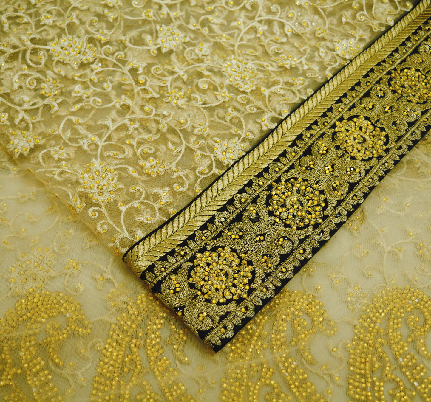 Indian Vintage Beige Wedding Saree Net/Mesh Embroidered Indian Sari Fabric Floral 5Yard Lace Soft Dressmaking