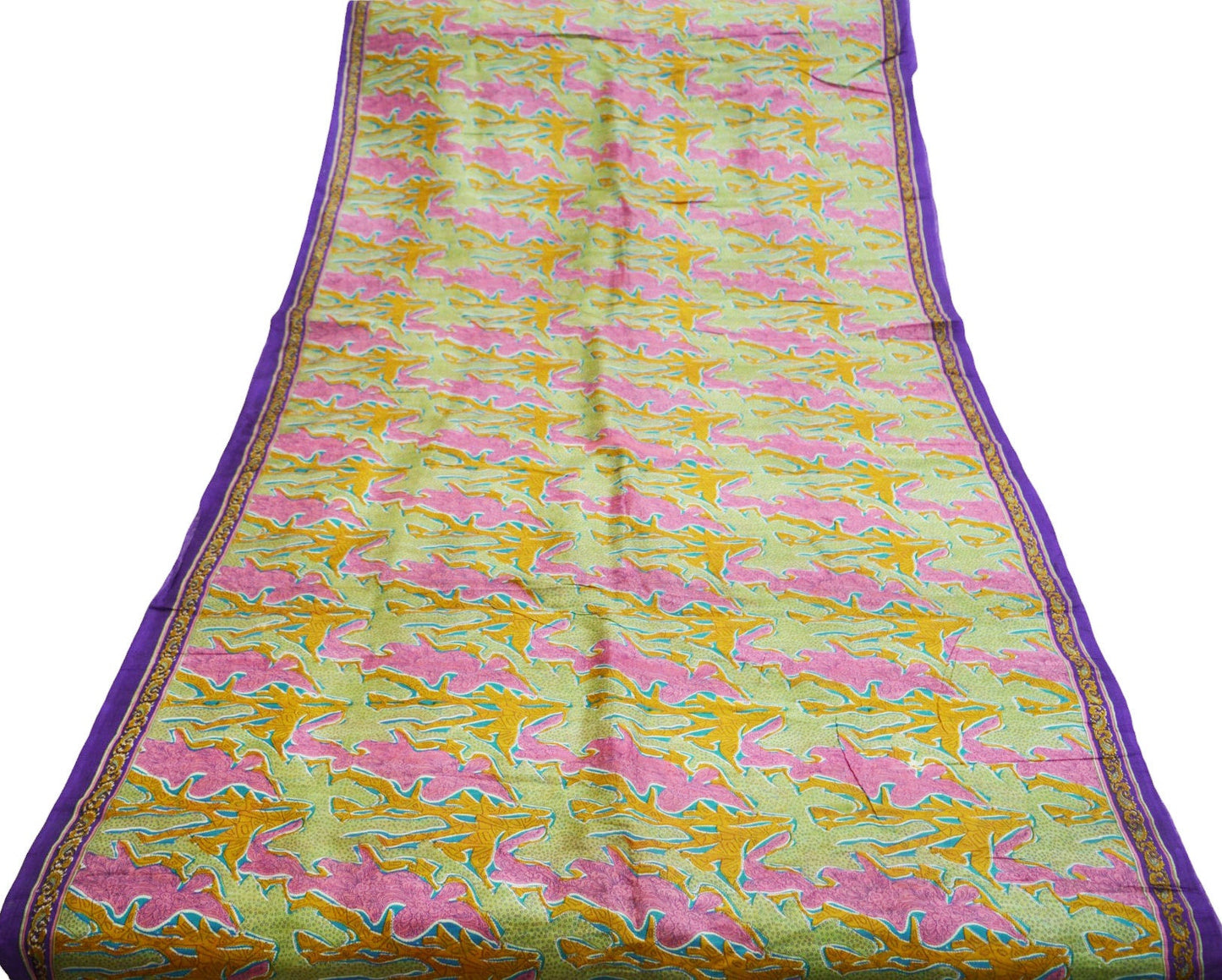 Indian Vintage  Sari Pink & Green Pure Silk Printed Saree  5yd Sewing Craft Fabric  Dress Making  Soft Abstract Ethnic