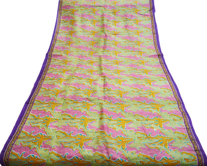 Indian Vintage  Sari Pink & Green Pure Silk Printed Saree  5yd Sewing Craft Fabric  Dress Making  Soft Abstract Ethnic