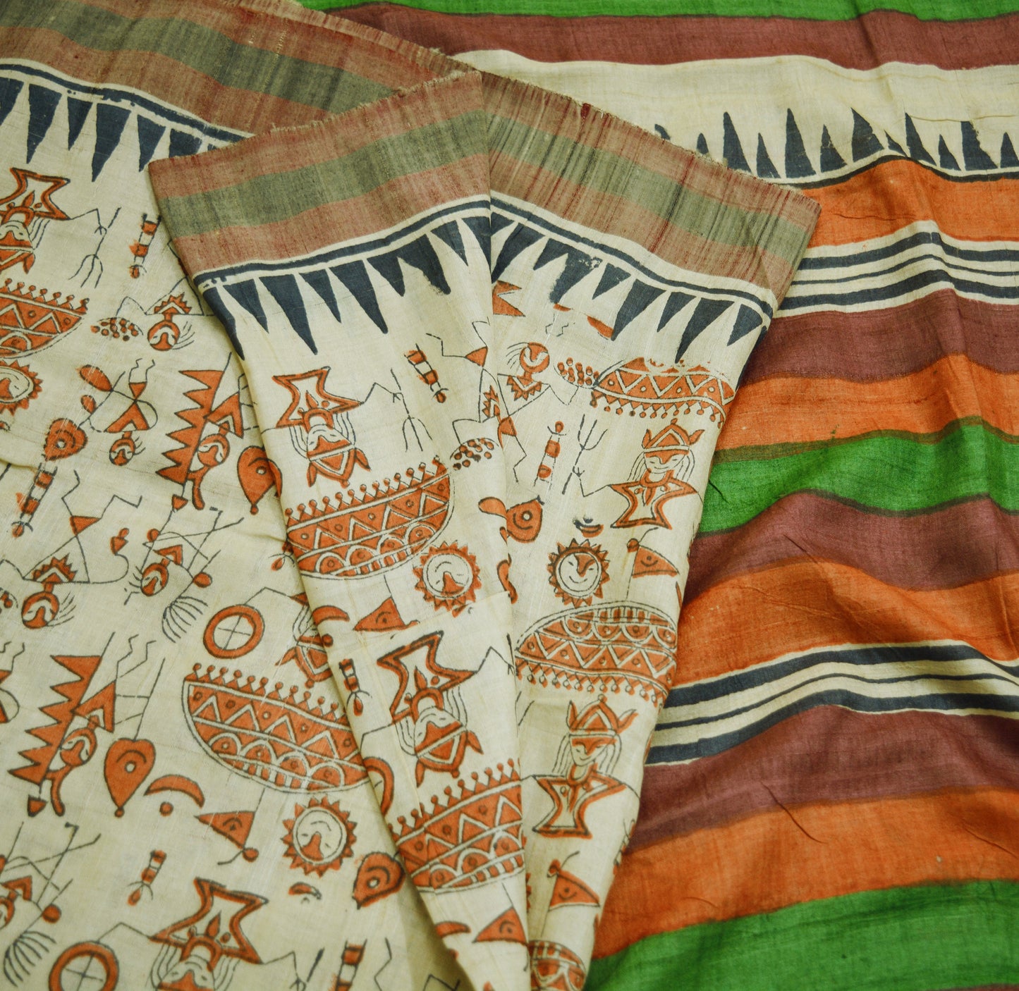 Indian Vintage Ivory Saree Pure Khadi Silk Handloom Warli Printed Indian Sari Fabric 6yard Ethnic Wear Sari Humans