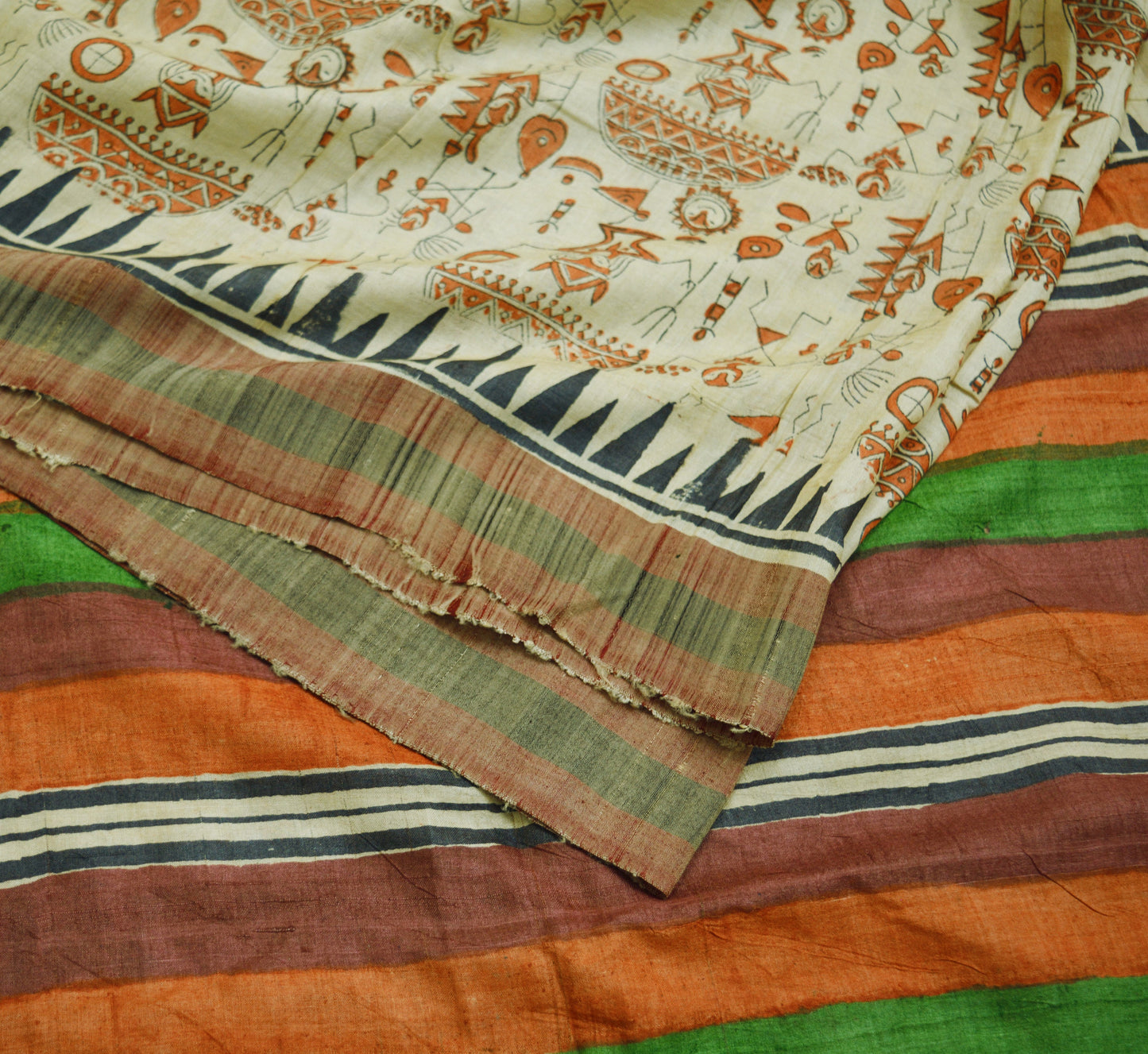 Indian Vintage Ivory Saree Pure Khadi Silk Handloom Warli Printed Indian Sari Fabric 6yard Ethnic Wear Sari Humans