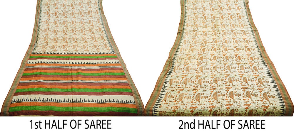 Indian Vintage Ivory Saree Pure Khadi Silk Handloom Warli Printed Indian Sari Fabric 6yard Ethnic Wear Sari Humans