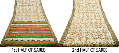 Indian Vintage Ivory Saree Pure Khadi Silk Handloom Warli Printed Indian Sari Fabric 6yard Ethnic Wear Sari Humans