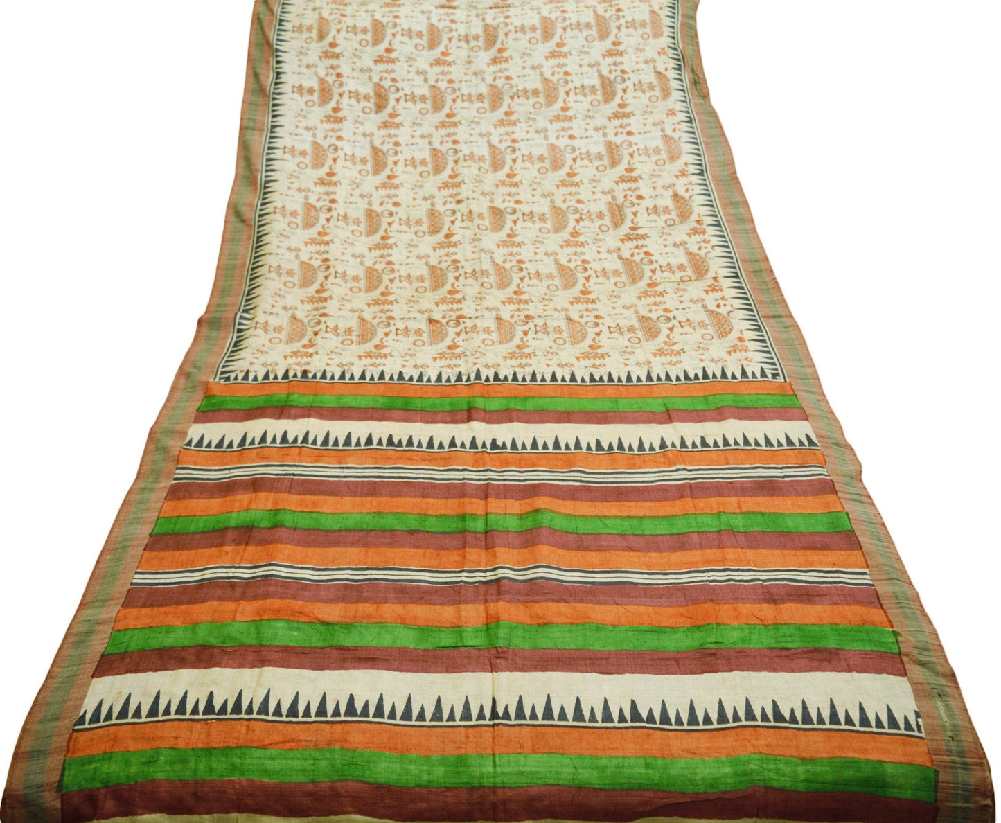 Indian Vintage Ivory Saree Pure Khadi Silk Handloom Warli Printed Indian Sari Fabric 6yard Ethnic Wear Sari Humans