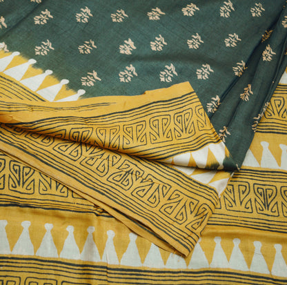 Indian Vintage Saffron & black Saree Pure Khadi Silk Handloom Printed Indian Sari Fabric 5yard Ethnic Wear Sari Floral