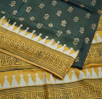 Indian Vintage Saffron & black Saree Pure Khadi Silk Handloom Printed Indian Sari Fabric 5yard Ethnic Wear Sari Floral