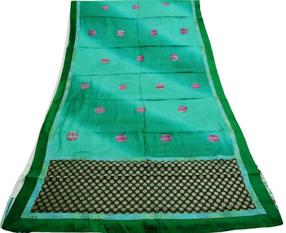 Indian Vintage Green Saree Pure Khadi Silk Handloom Hand Kantha Indian Sari Fabric 5yard Ethnic