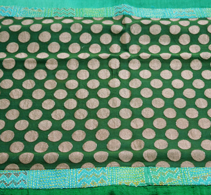 Indian Vintage Green Saree Pure Khadi Silk Handloom Hand Kantha Indian Sari Fabric 5yard Ethnic