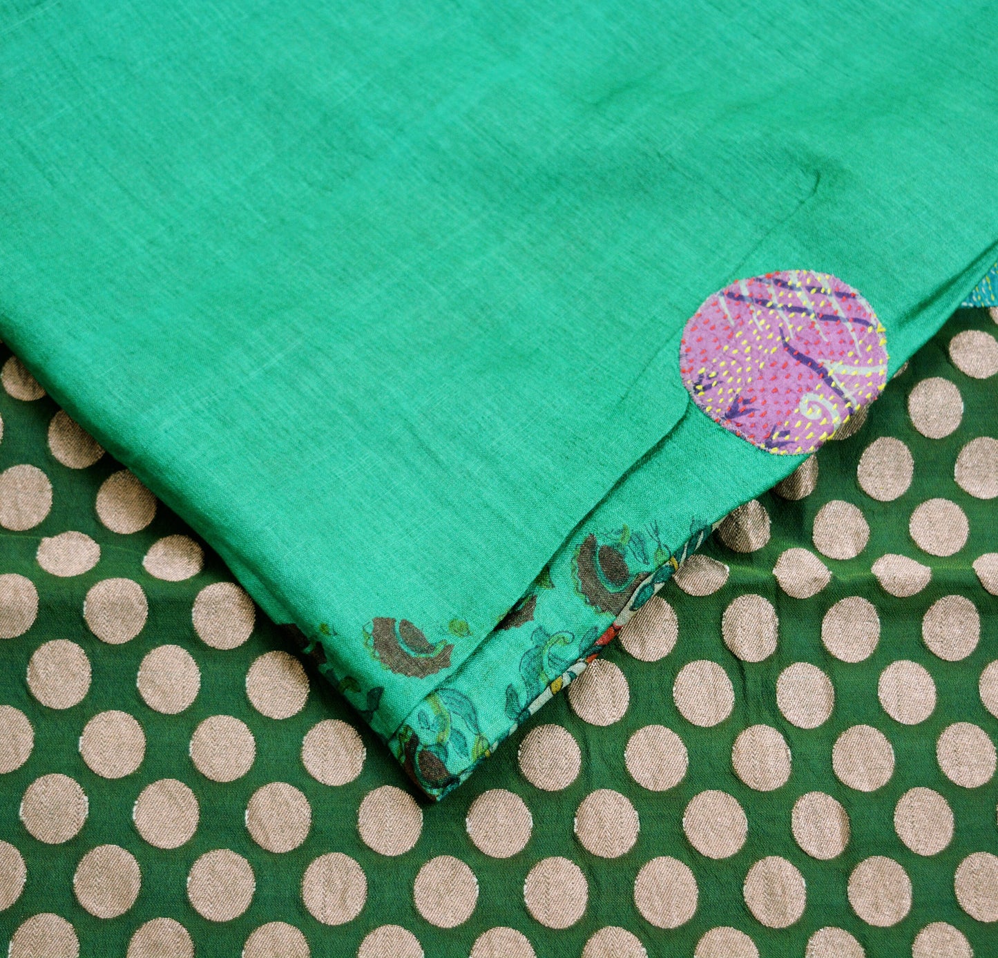 Indian Vintage Green Saree Pure Khadi Silk Handloom Hand Kantha Indian Sari Fabric 5yard Ethnic