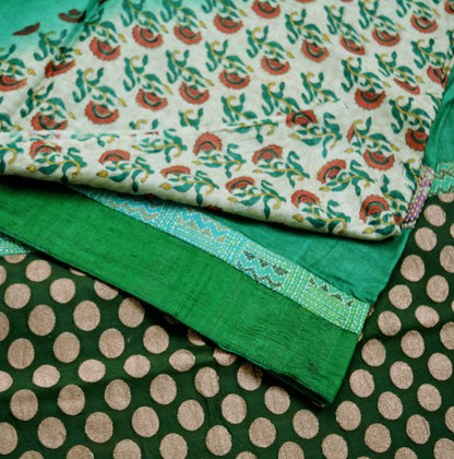 Indian Vintage Green Saree Pure Khadi Silk Handloom Hand Kantha Indian Sari Fabric 5yard Ethnic