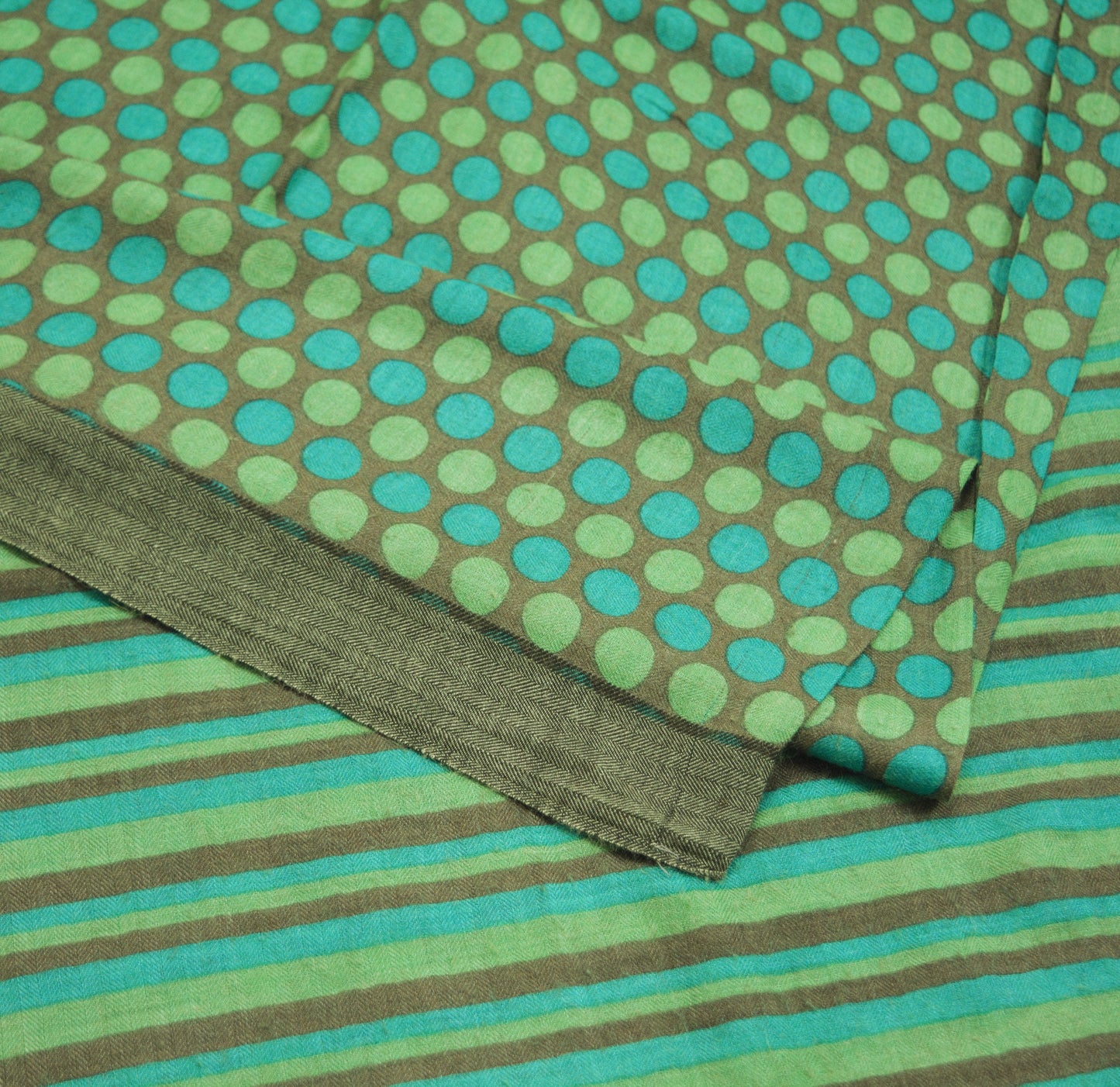 Vintage Green & Brown Heavy Saree Pure Woolen Woven Printed Indian Sari Soft Warm Fabric 5Yard Polka Dot Woven Border