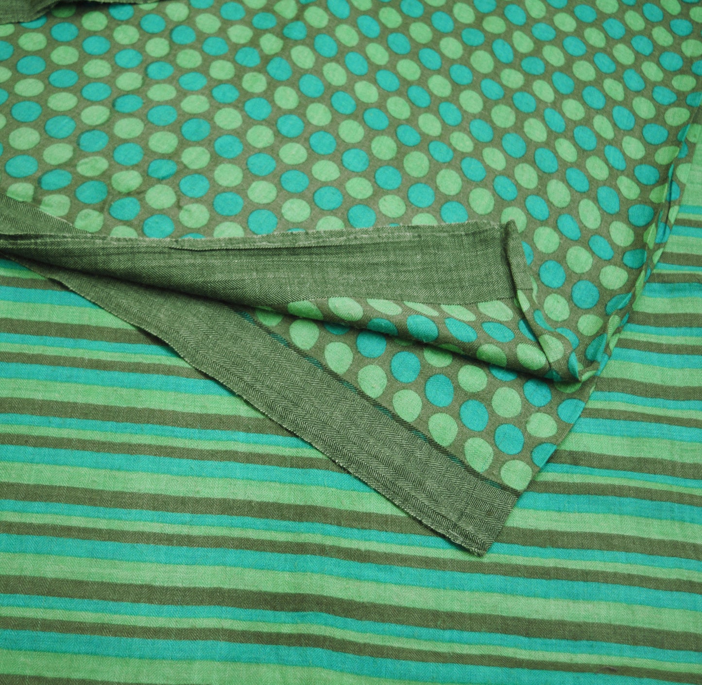 Vintage Green & Brown Heavy Saree Pure Woolen Woven Printed Indian Sari Soft Warm Fabric 5Yard Polka Dot Woven Border