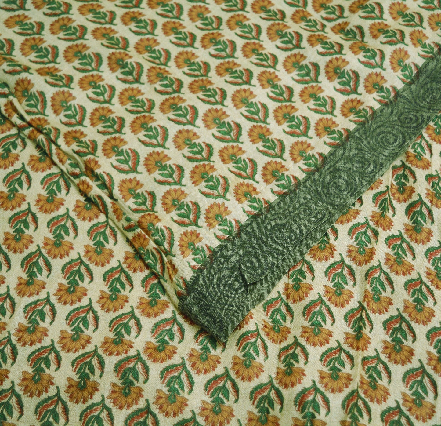 Vintage Green Heavy Saree Pure Woolen Woven Printed Indian Sari Soft Warm Fabric 5Yard Floral Woven Border