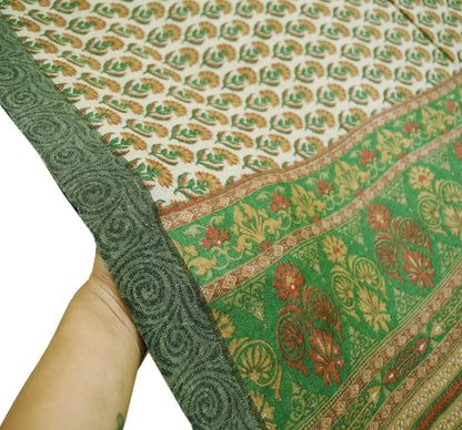 Vintage Green Heavy Saree Pure Woolen Woven Printed Indian Sari Soft Warm Fabric 5Yard Floral Woven Border