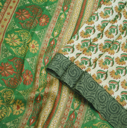 Vintage Green Heavy Saree Pure Woolen Woven Printed Indian Sari Soft Warm Fabric 5Yard Floral Woven Border