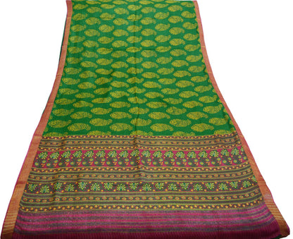 Vintage Green Heavy Saree Pure Woolen Woven Printed Indian Sari Soft Warm Fabric 5Yard Floral Woven Border