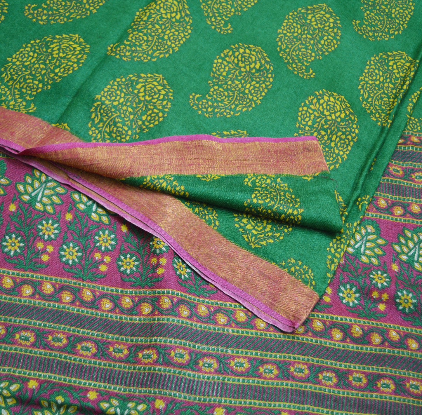 Vintage Green Heavy Saree Pure Woolen Woven Printed Indian Sari Soft Warm Fabric 5Yard Floral Woven Border