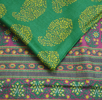 Vintage Green Heavy Saree Pure Woolen Woven Printed Indian Sari Soft Warm Fabric 5Yard Floral Woven Border