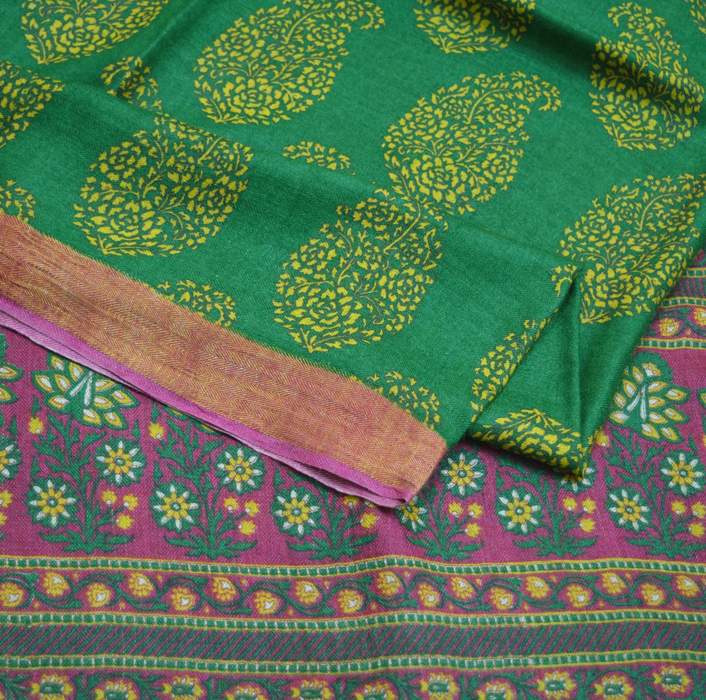 Vintage Green Heavy Saree Pure Woolen Woven Printed Indian Sari Soft Warm Fabric 5Yard Floral Woven Border