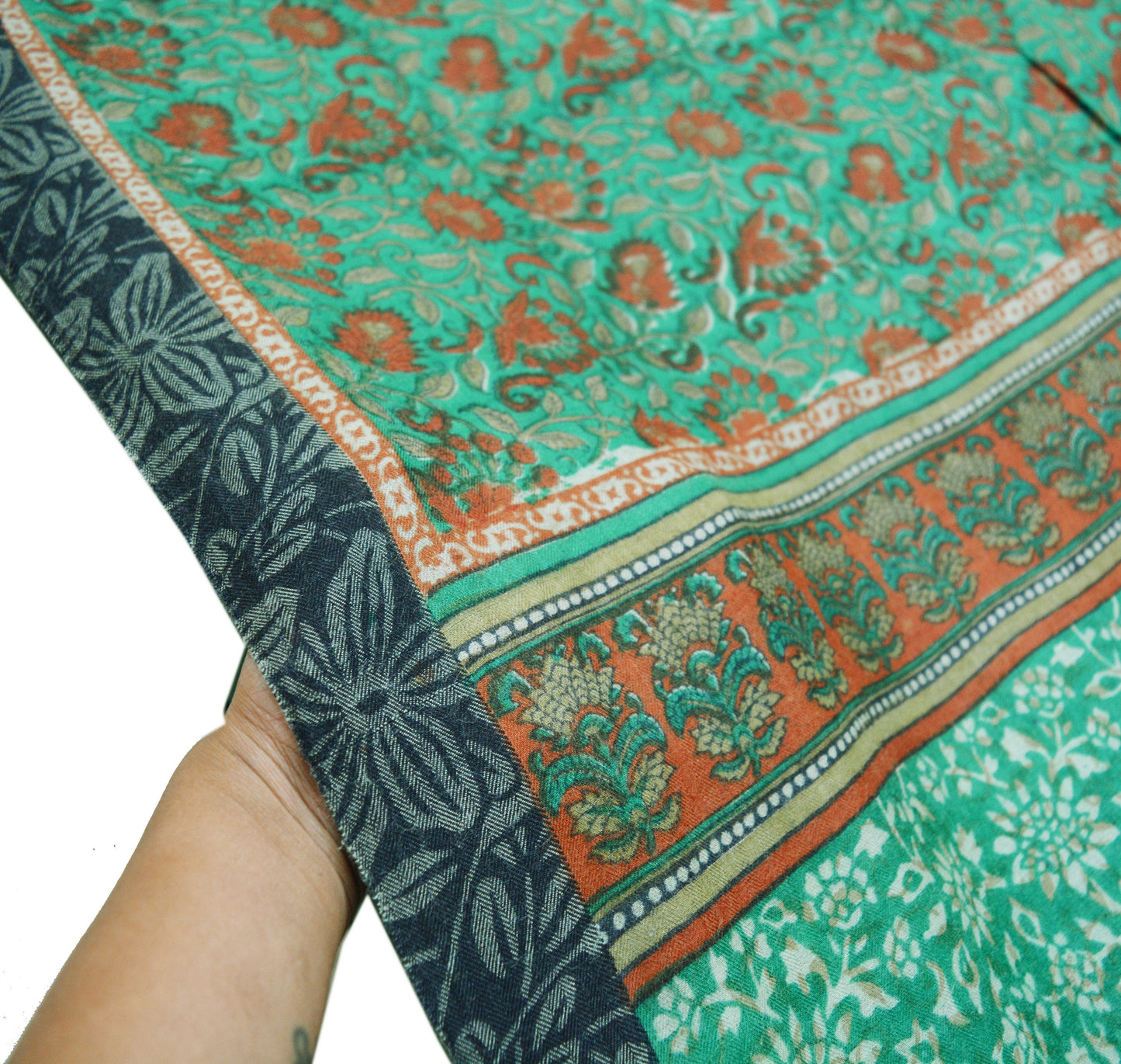 Vintage Green Heavy Saree Pure Woolen Woven Printed Indian Sari Soft Warm Fabric 5Yard Floral Woven Border