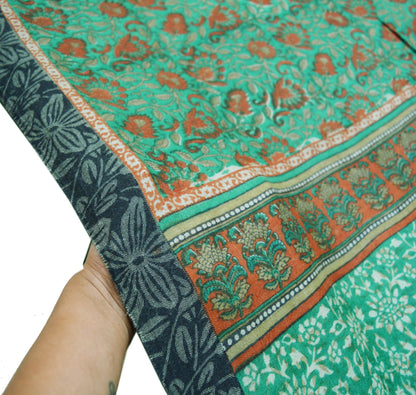 Vintage Green Heavy Saree Pure Woolen Woven Printed Indian Sari Soft Warm Fabric 5Yard Floral Woven Border