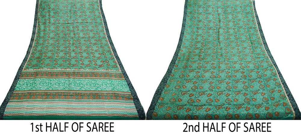 Vintage Green Heavy Saree Pure Woolen Woven Printed Indian Sari Soft Warm Fabric 5Yard Floral Woven Border