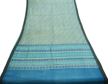 Vintage Blue & Beige Heavy Saree Pure Woolen Woven Printed Indian Sari Soft Warm Fabric 5Yard Floral Woven Border