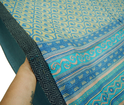 Vintage Blue & Beige Heavy Saree Pure Woolen Woven Printed Indian Sari Soft Warm Fabric 5Yard Floral Woven Border