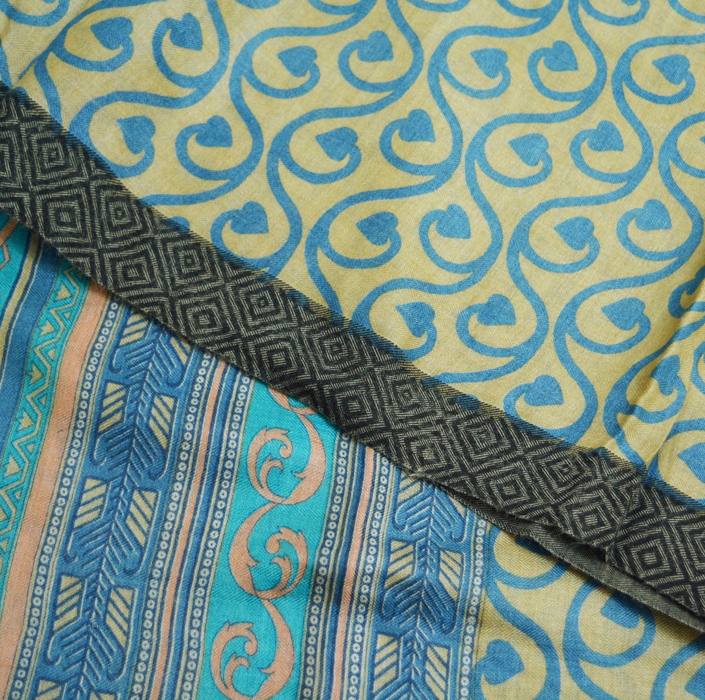 Vintage Blue & Beige Heavy Saree Pure Woolen Woven Printed Indian Sari Soft Warm Fabric 5Yard Floral Woven Border