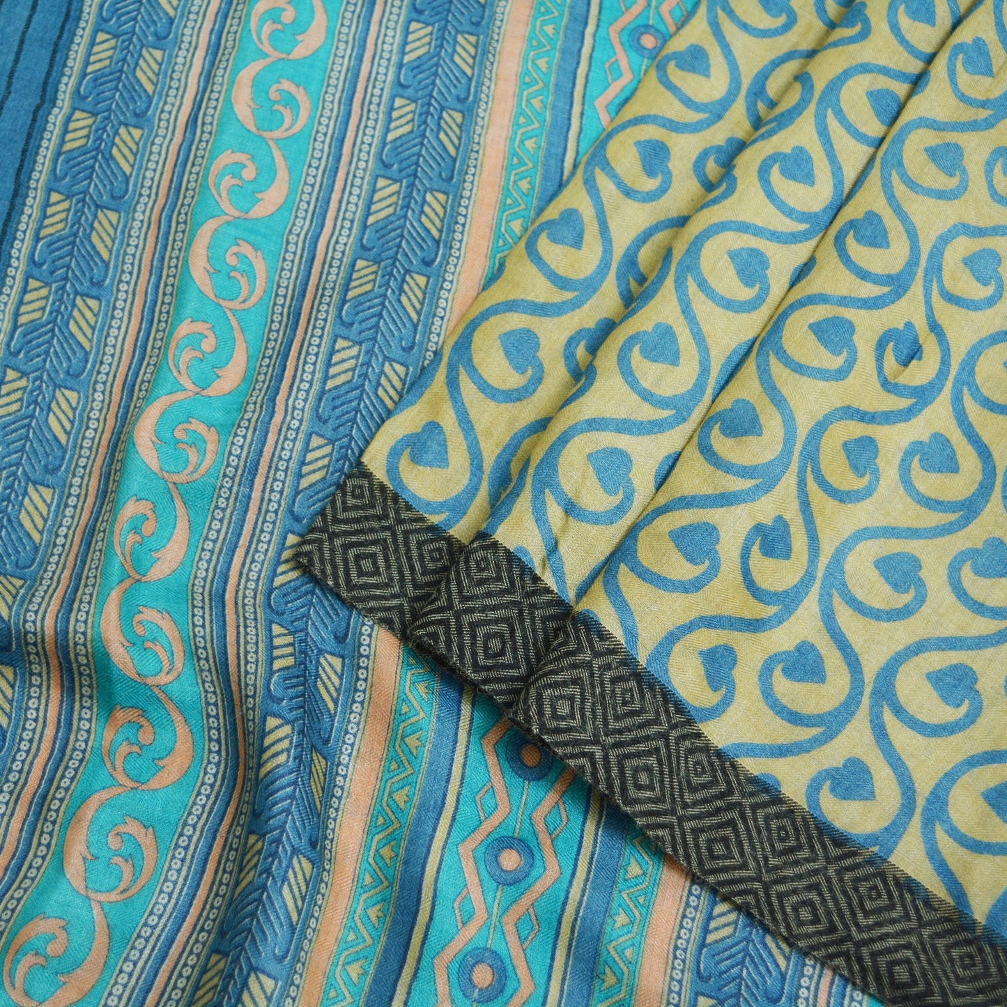 Vintage Blue & Beige Heavy Saree Pure Woolen Woven Printed Indian Sari Soft Warm Fabric 5Yard Floral Woven Border