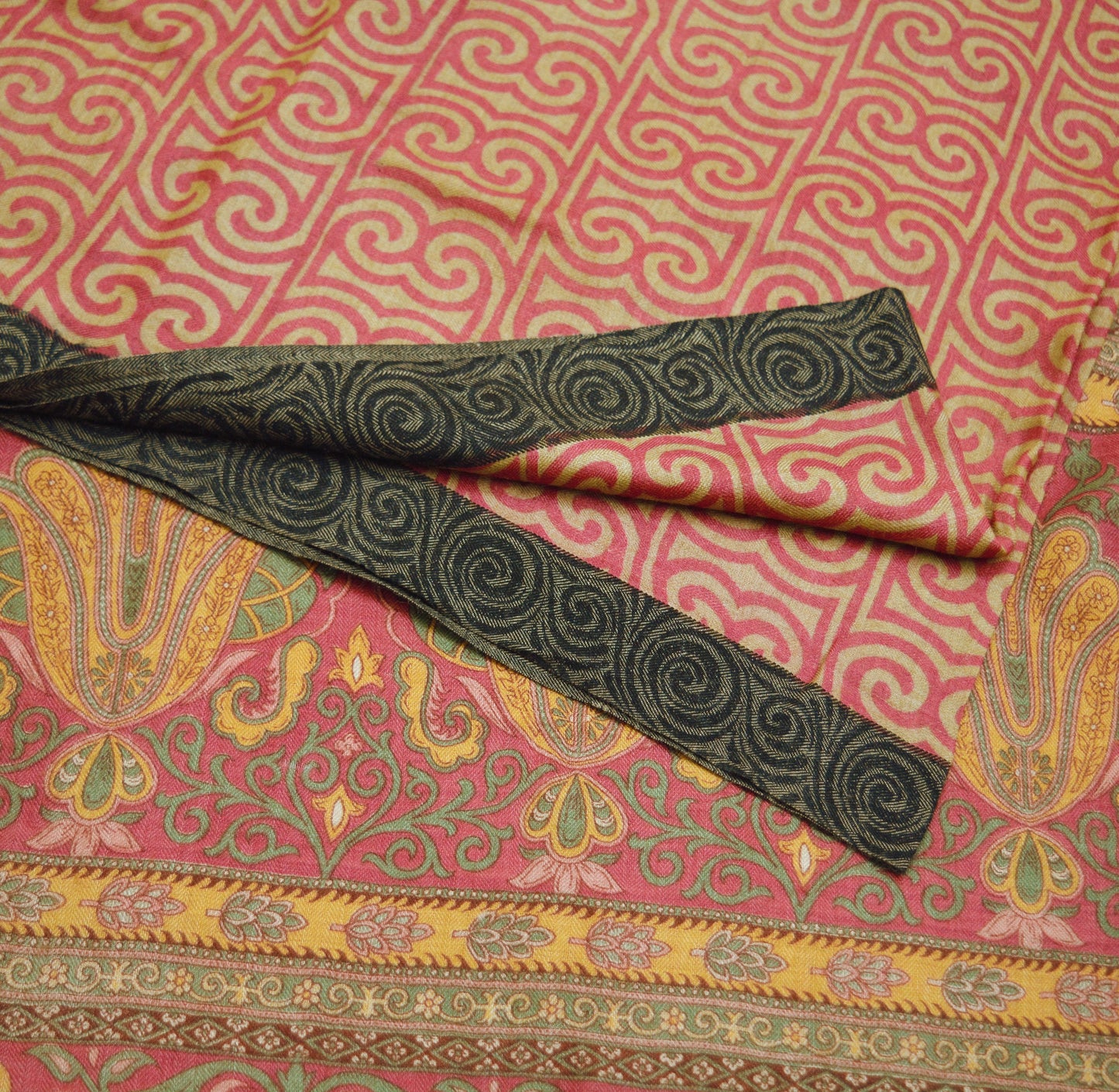 Vintage Pink & Beige Heavy Saree Pure Woolen Woven Printed Indian Sari Soft Warm Fabric 5Yard Floral Woven Border