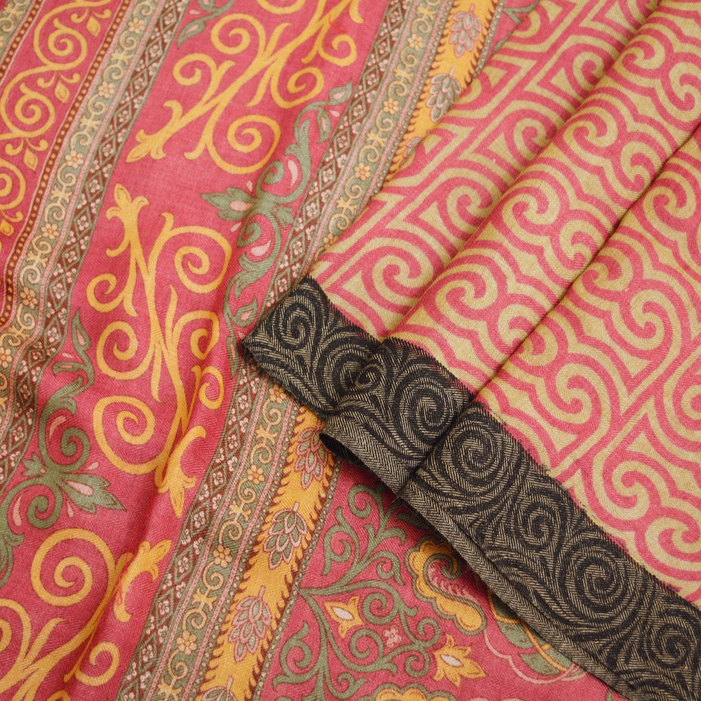 Vintage Pink & Beige Heavy Saree Pure Woolen Woven Printed Indian Sari Soft Warm Fabric 5Yard Floral Woven Border