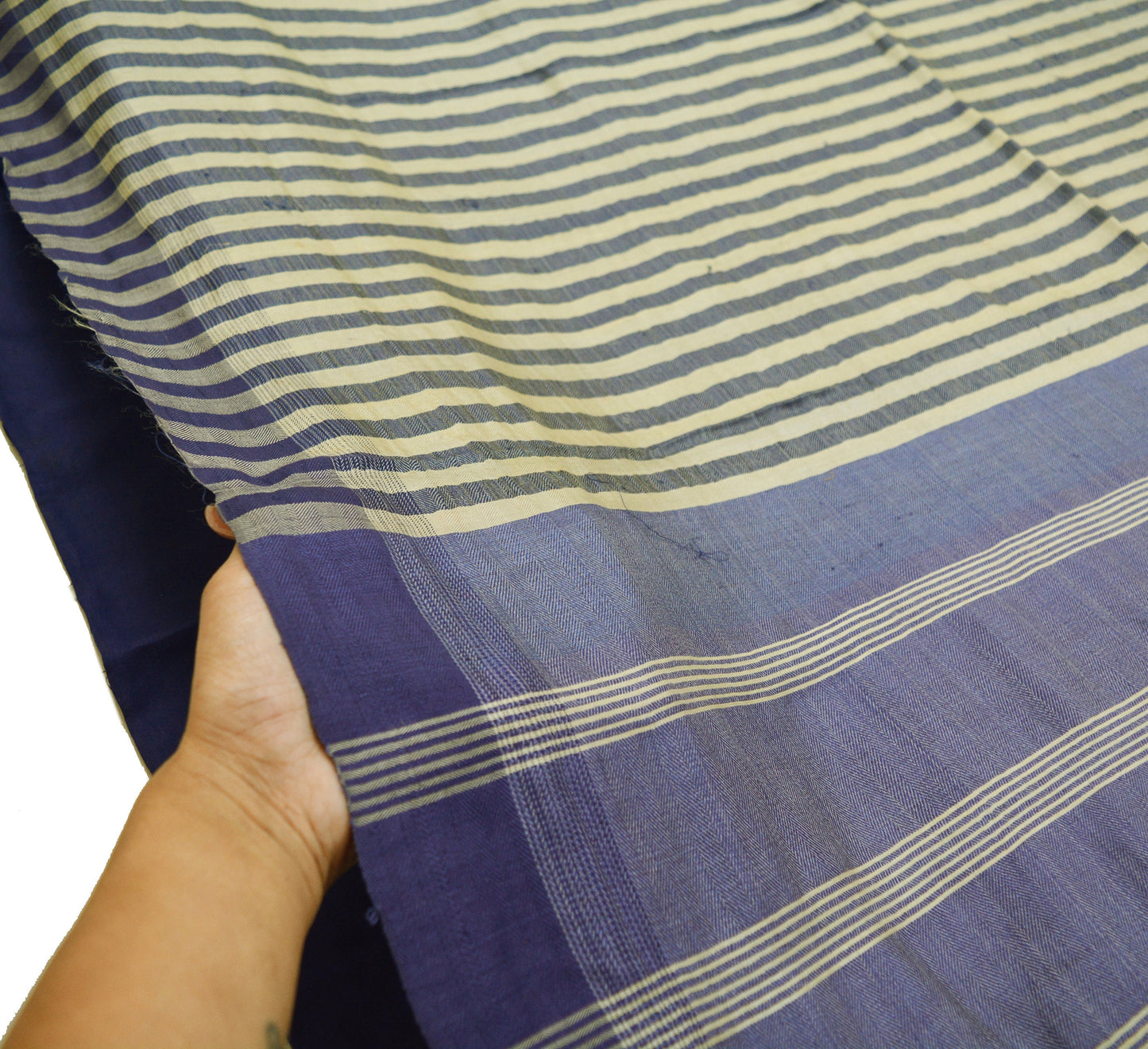 Vintage Beige & Blue Heavy Saree Pure Woolen Woven Printed Indian Sari Soft Warm Fabric 5Yard Zigzag Woven Border