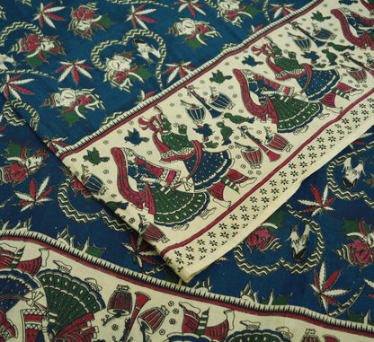 Indian Vintage Sari Blue Kalamkari Printed Pure Cotton Saree Fabric Soft Floral 5Yd Sarong Wrap Fabric Peacock