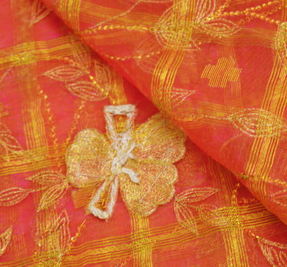 Indian Orange & Pink Organza Vintage Dupatta Long Stole Hand Embroidered Indian Scarves Veil Zari Sequins